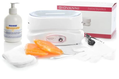 PARAFINIARKA 220W Giovanni, biała zestaw B (parafiniarka, rękawice foliowe 100 szt., krem do rąk, rękawice frotte 2 szt., parafina 1 szt.) 